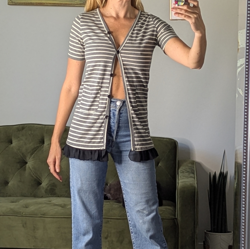 Women's Cardigan Preppy Prep Striped Cotton Ruffle Button Front Size Small New